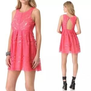 Free People Rocco Cherry floral Lace pointelle cut out back Dress pink. Size 10